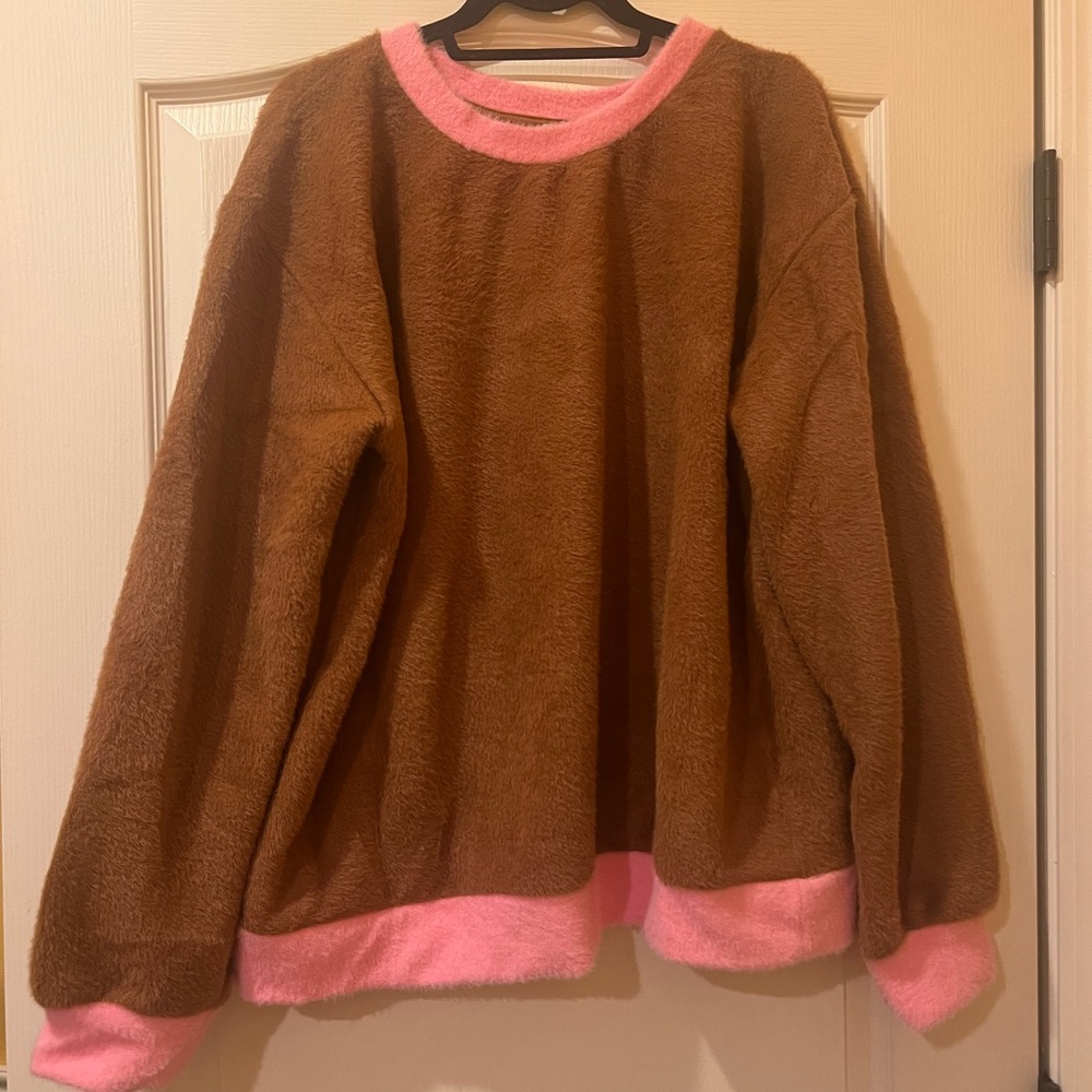 Maeve Cozy Brown Sweater with Pink Trim